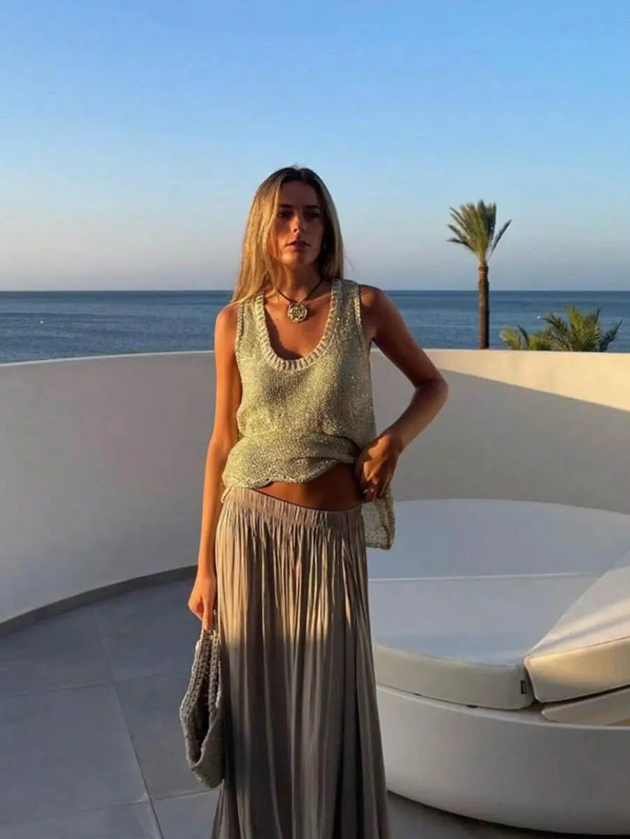 Women's Sparkly Knit Tank Top, Sheer Metallic Sleeveless Sweater Vest, Lightweight Summer Beach Cover Up, Casual Resort Vacation Outfit, Shimmer Knit Cami for Women