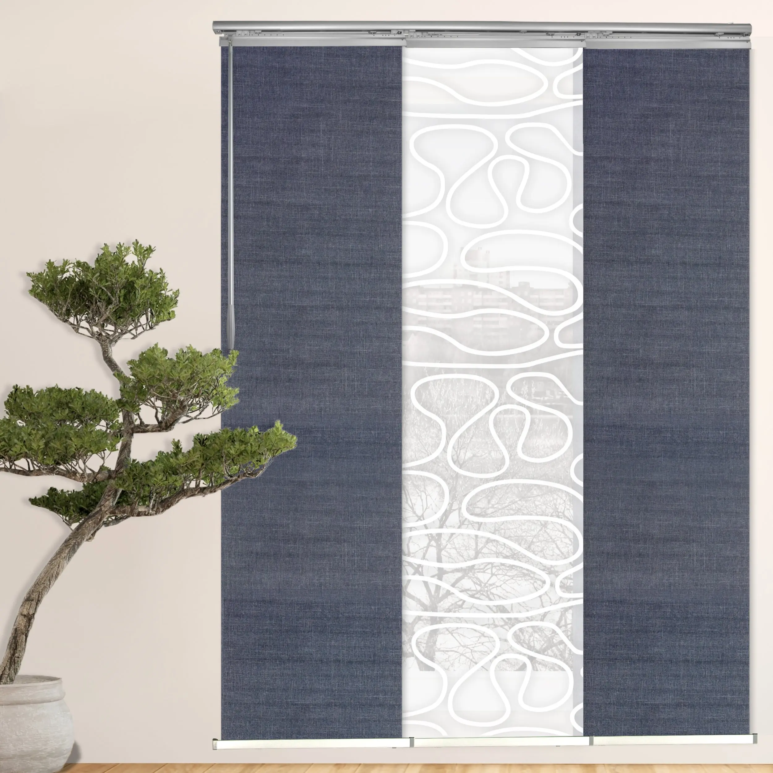 3-Panel Single Rail Panel Track Blind Extendable 36"-66"W x 91.4"H, Panel width 23.5", Whirl White, Spruce