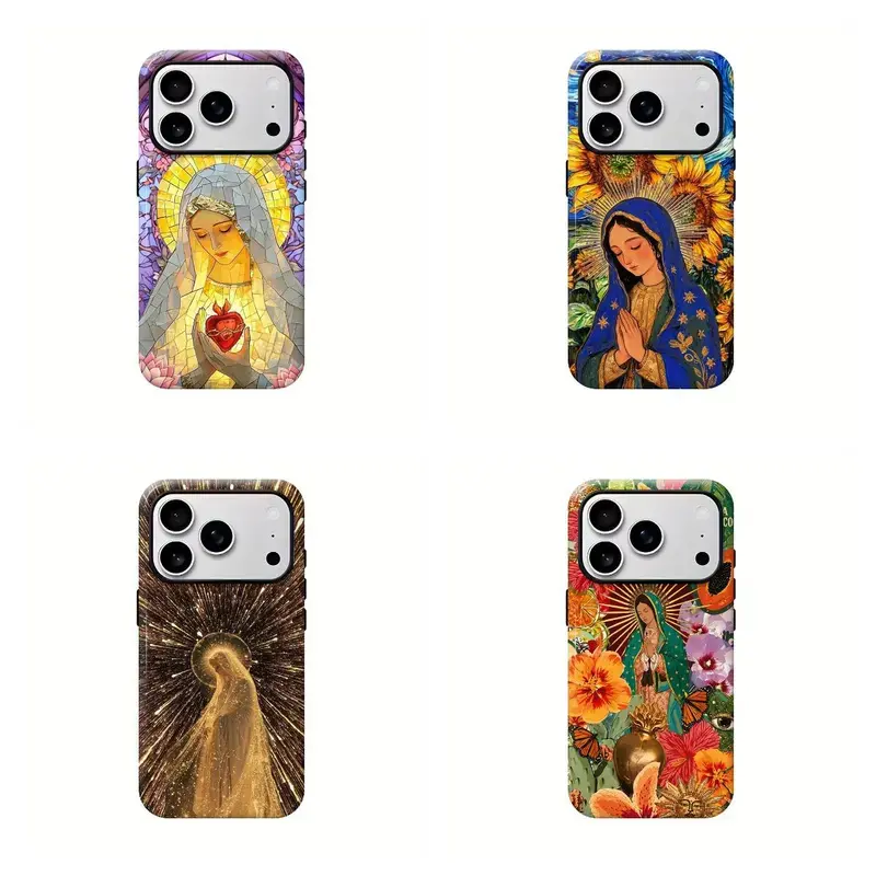Virgin Mary Pattern Smartphone Casing, Shockproof Rugged Dual-Layer Cover with Soft TPU Bumper & Hard Shell, iPhone 11 12 13 14 15 16 17 Pro Max