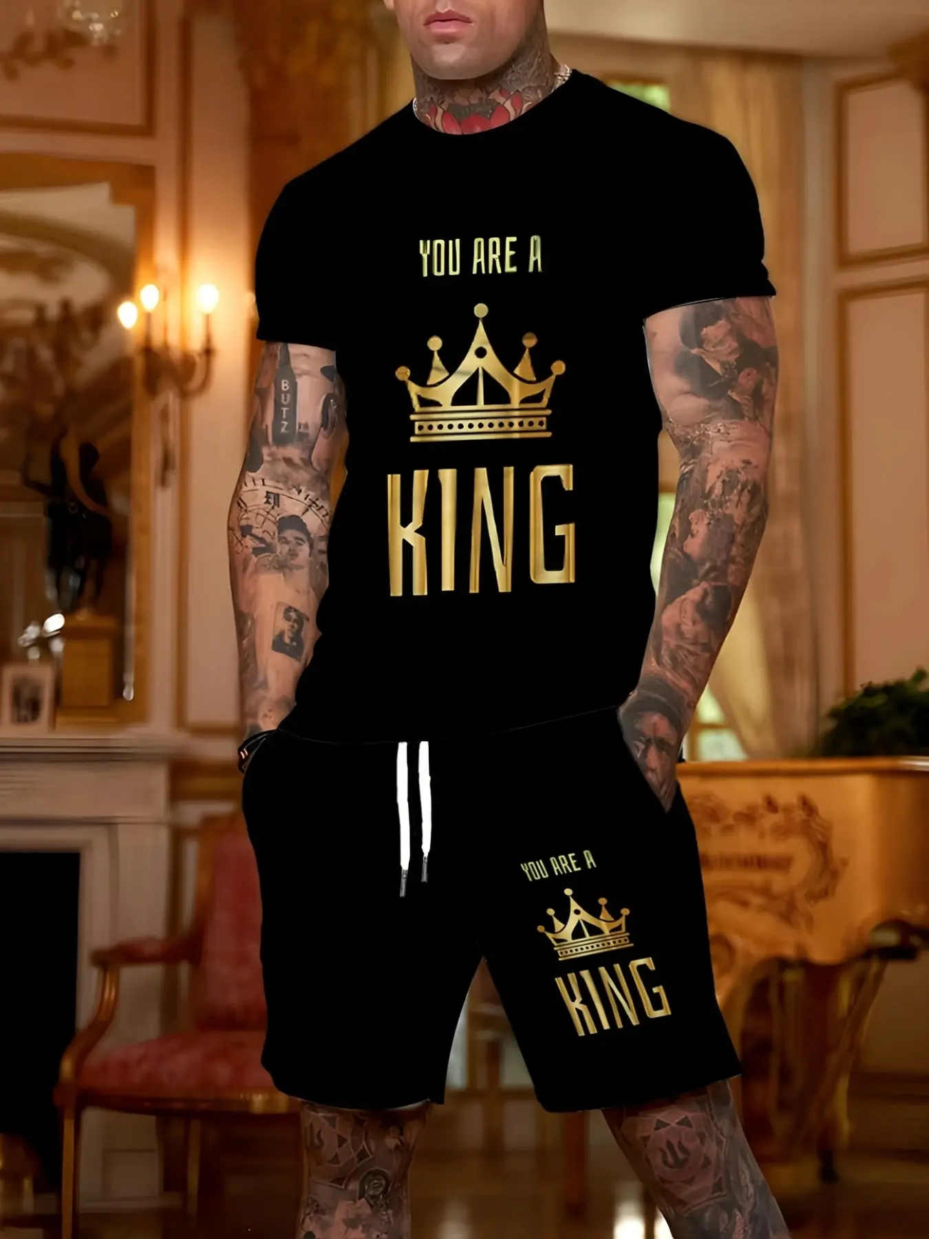 Men's 3D Printed Letter King Design Short Sleeve Top and Shorts Two-Piece Matching Set Outfit, Casual Fitted Suit, All over Print, Summer Fashion, Clothes