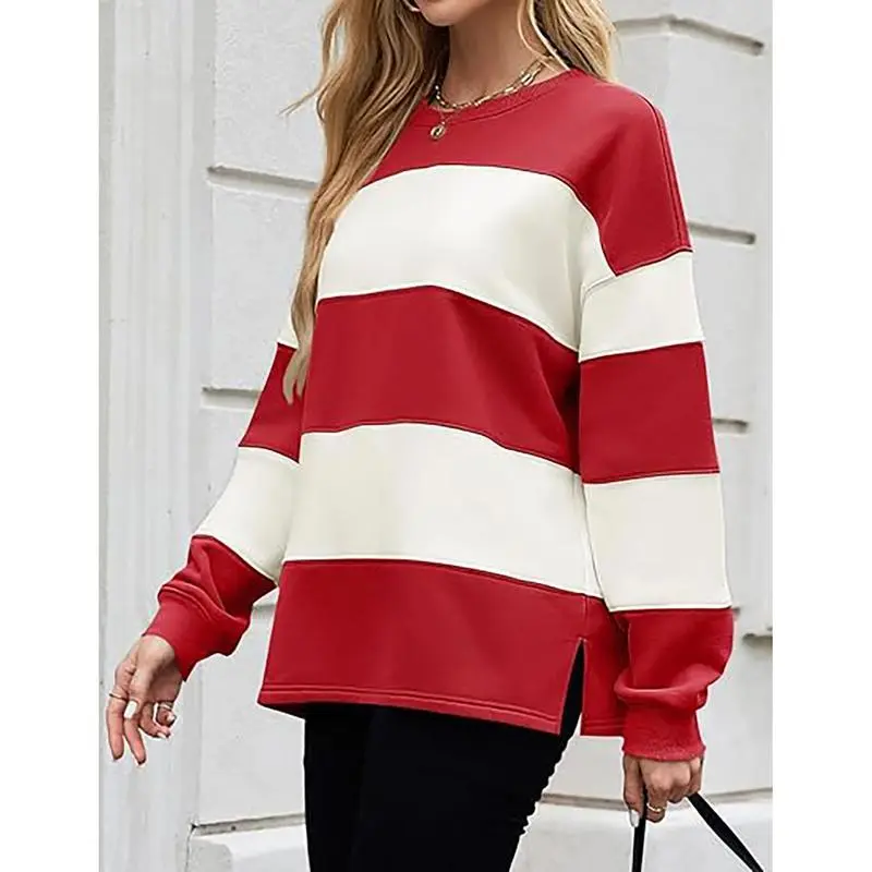 ZESICA Women's Oversized Striped Fleece Pullover Hoodie - Crewneck Long Sleeve Loose Fit Casual Clothes for Fall Autumn Fashion, Party Wear, Split Hem, Comfortable Fabric