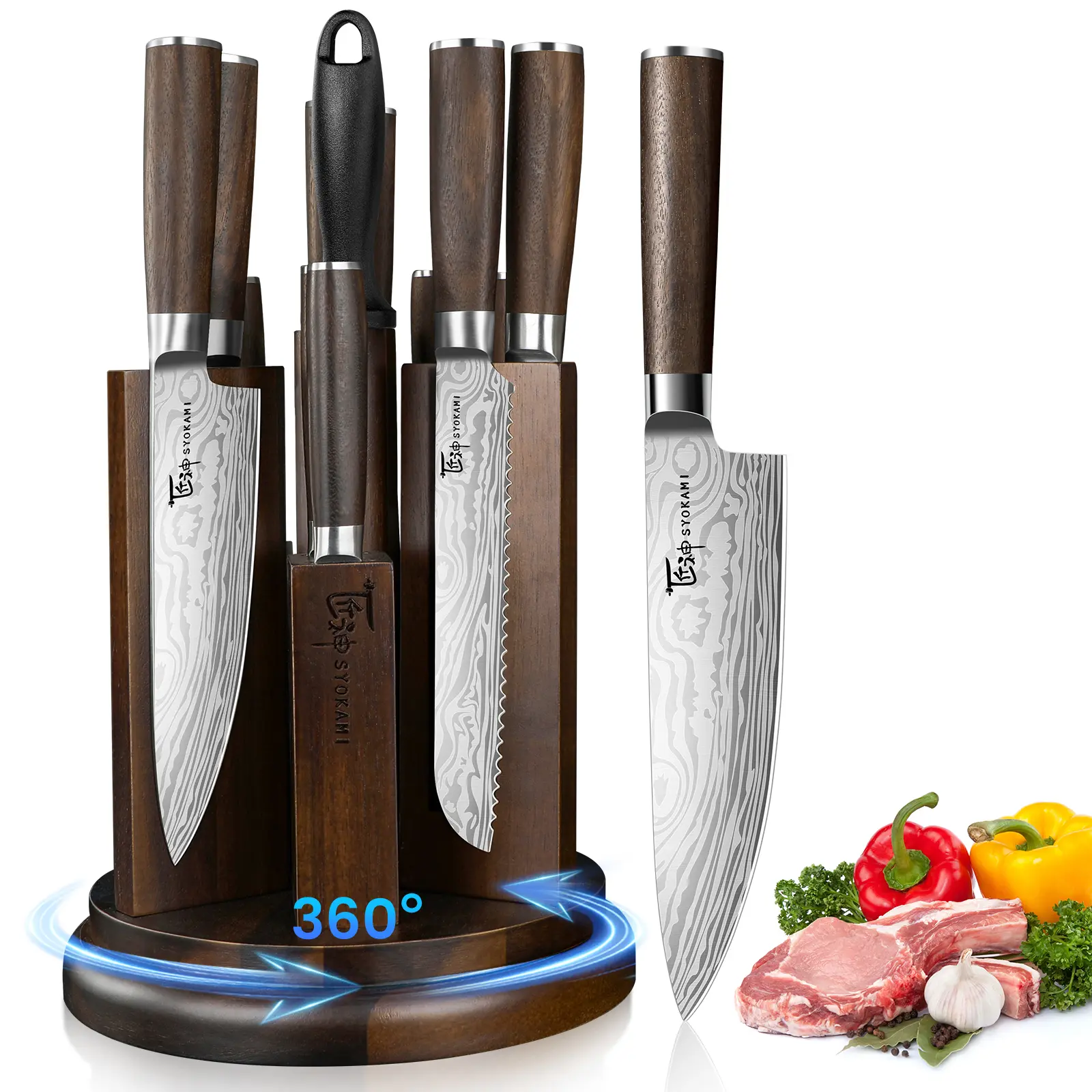 【DealsForYouDays】 SYOKAMI [UPDATE] 360° Rotatable Holder Kitchen Knife Set with Magnetic Block and Sharpener 14 Piece Knife Set Ultra Sharp High Carbon Stainless Steel Knives Sets with Steak Knives, Anti-slip Ergonomical Handle, Mother's Day Gift