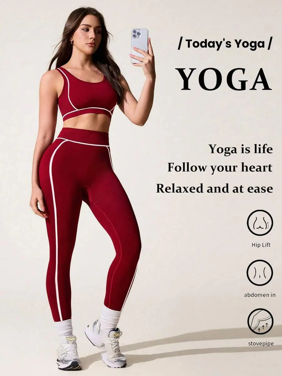 Women's Burgundy Dopamine Style Athleisure Tank Top And Leggings Set, Fitness, Yoga, Outdoor Red Workout Active Athletic Two Piece Maroon Gym Matching