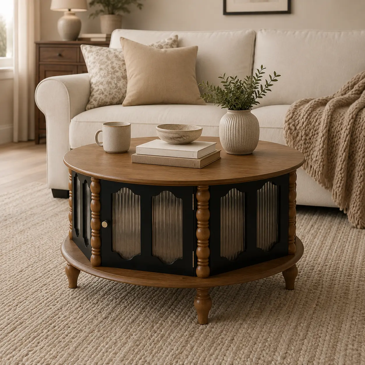 Round Coffee Table with Storage Cabinet, 31.5" Vintage Wood Coffee Table with Fluted Glass Doors, Mid Century Modern Accent Table for Living Room, Retro Round Center Table with Hidden Storage Shelves, Farmhouse Style Sofa Side Table for Apartment and Home