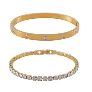 Cubic Zirconia Bangle 7.25In and Tennis Bracelet 7.50In in Stainless Steel