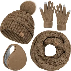 Winter Hat Scarf Gloves and Ear Warmer, Warm Knit Beanie Hat Touch Screen Gloves Set Winter Gifts Neck Scarves for Women