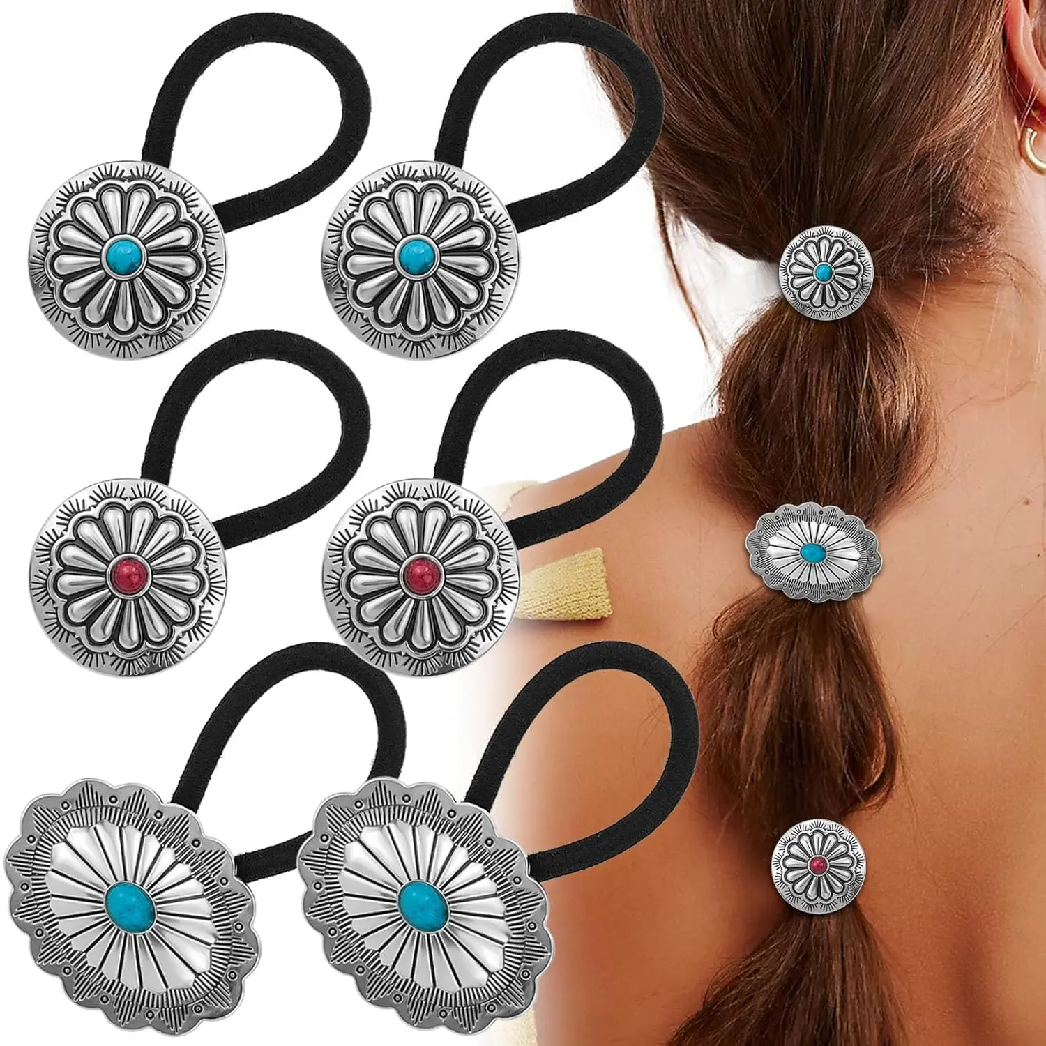 6 count Western Ponytail Holders Metal Boho Hair Ties Flower Circular Hair Ropes  Turquoise Concho Squash Blossom Hair Bands Decoration Accessories for Women Girls