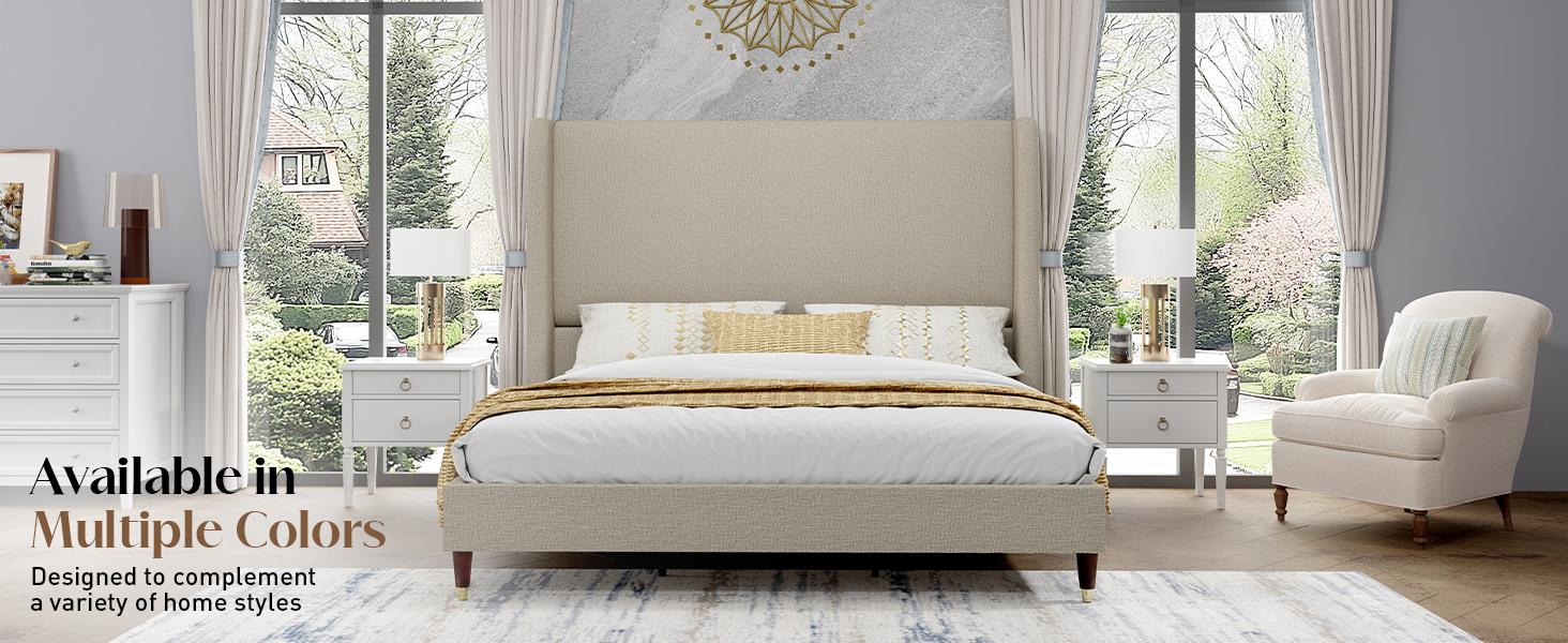 AMERLIFE Platform Bed Frame with 51.2" Tall Headboard, Upholstered Bed with Wingback/Solid Wood Legs/Durability& Silent /No Box Spring Required/Luxury Bedroom Furniture/Full/Queen/King Size/Best Gift Ideas/Christmas Gifts