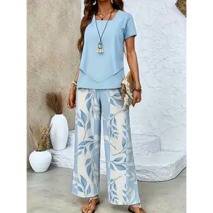 Women's 2-Piece Casual Floral Round Neck Short-Sleeve Clothes Set, Soft Breathable Fabric, Light Blue Long Pants Women's Clothes