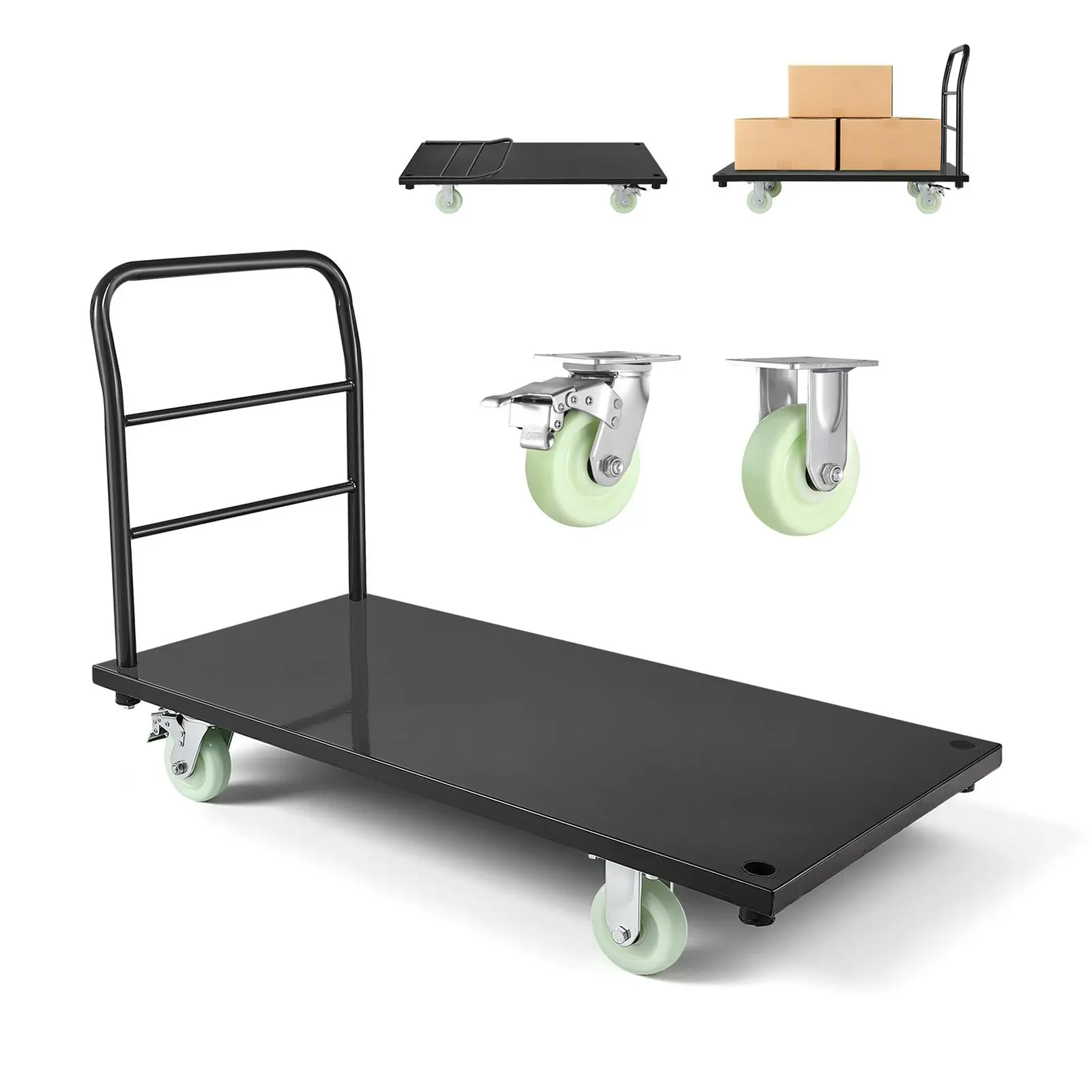 VEVOR Industrial Heavy-Duty Metal Alloy Steel Flat Deck Platform Trolley, 2000 lbs Capacity, 6.5 in Off the Ground Clearance, 48x24x32.1 in Size, Swivel Low-Noise Wheels & Handle, Easy Storage for Commercial Cargo Move, Freight Yards#BackToSchool