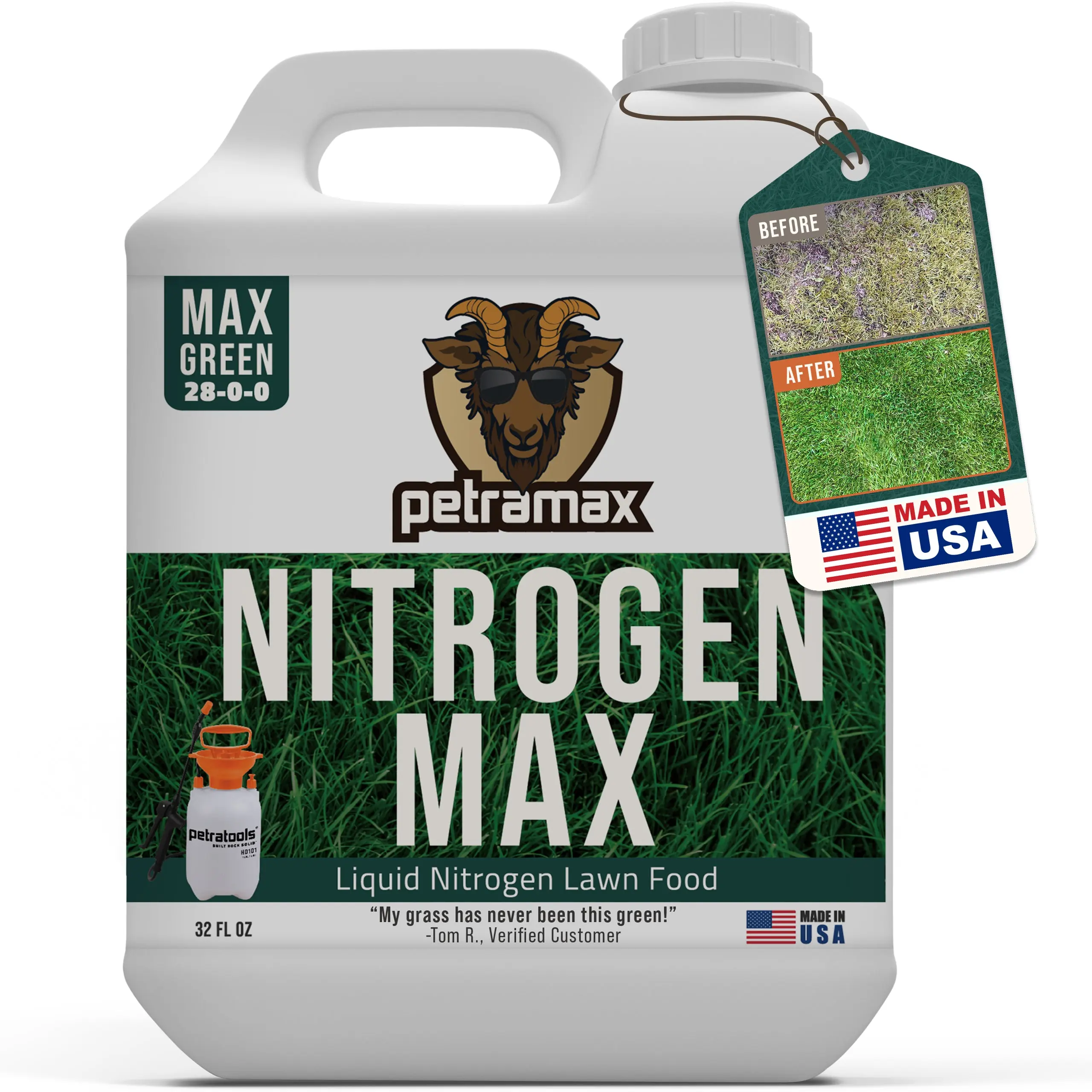 PetraTools Liquid Nitrogen Fertilizer 28-0-0 NPK for Lawns, 1 Gallon Spray-On Grass Food with Quick & Slow Release for Deep Green Turf Builder