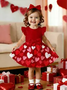 Girls' Casual Fashion Comfortable Valentine's Day Heart Print A-Line Dress, Short Sleeve Bowknot Design, Perfect for Spring & Fall