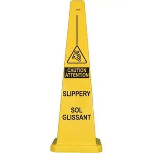 PRO-SAFE Decorative Multilingual Wet Floor Cone Sign, 12" W x 36" H Polypropylene, English/French/Spanish Black-on-Yellow Stickers, for Restroom Use, Model 03-600-10, Decor