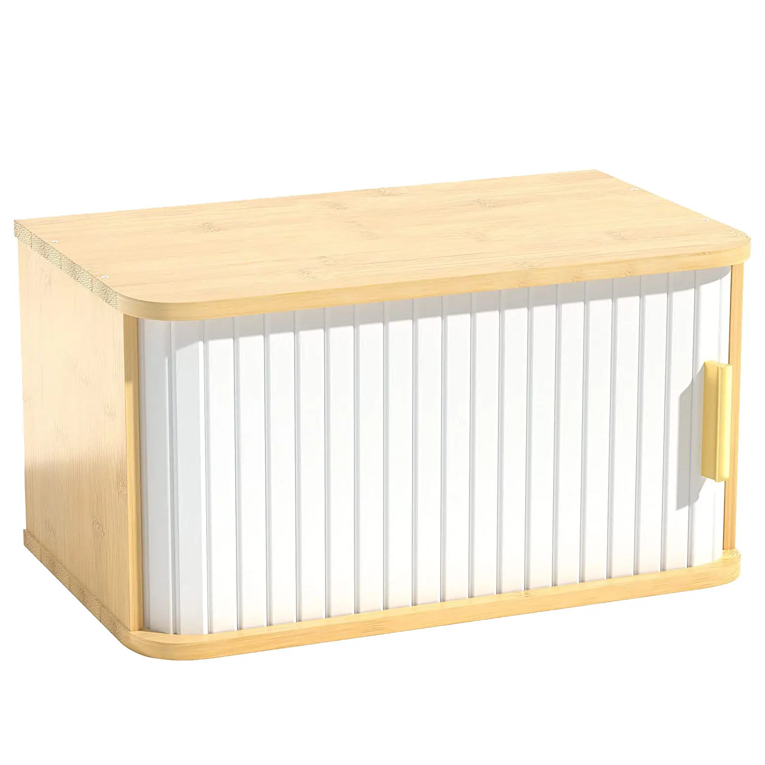 Bamboo Bread Box for Kitchen Countertop, Roll-Up Door Bread Storage Container with White Tambour Door, Modern Kitchen Organizer for Bread, Bagels, Snacks & Baked Goods