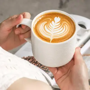 Ceramic Coffee Mug Set with Metal Stand, 15 oz Stackable Embossed Cups with Handle for Latte, Cappuccino and Tea, Perfect for Home Coffee Bar, Kitchen Counter and Morning Breakfast, Multi Color