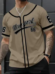 Men's New York Letter 66 Geometric Pattern Printed Fitted T-Shirt, Menswear, Round Neck Short Sleeve, Casual Fashion Summer Streetwear, Daily Wear