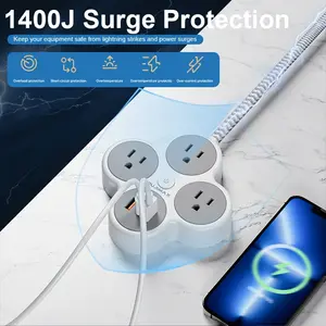 PUJIMAX Six In One Anti Surge Power Board, with 59.06 Inch Braided Wire, 3 AC Ports, 2 USB Fast Charging Ports, And 1 Type-C Fast Charging Port, Stable Voltage, Is A Must-have for Home Use, Suitable for Offices, School Dormitories, Travel.