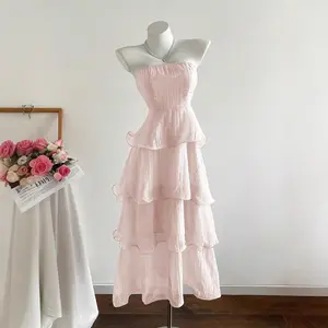 Tiered Ruffle Strapless Midi Dress for Women| Smocked Bodice Fairy Cake Skirt| Pastel Summer Beach Vacation Garden Party Dress for Ladies