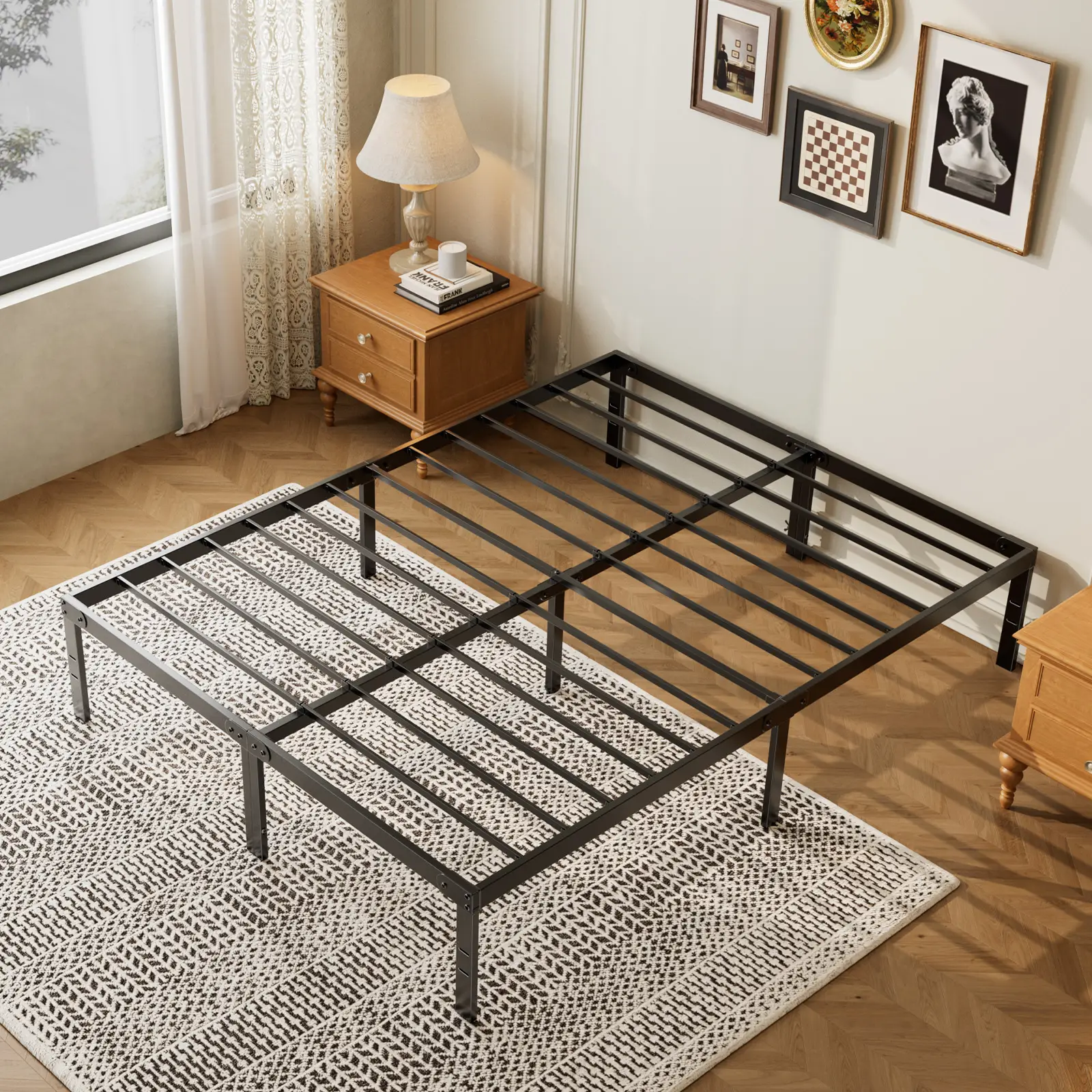 Sweet Furniture F Bed Frame, Heavy Duty Metal Platform Bed Frames with Storage Space Under Frame, 14 Inches, Sturdy Steel Slat Support, No Box Spring