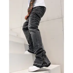 Streetwear fashion designer's light blue, black, and gray washed elastic slim fit slightly flared retro distressed ankle loose zipper men's jeans