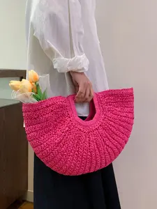1pc Women's Fashionable Minimalist Casual Vintage Solid-Color Design Straw Half Moon Bag Perfect for Daily Commuting, Outings, Travel, Vacations, and Beach Trips Essential Handbag for Women
