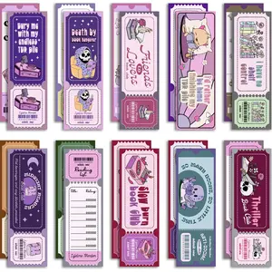 20pcs Ticket Style Book Lover Bookmarks, Funny Skeleton & Cartoon Reading Quote Themed Book Markers, Aesthetic Reading Accessories