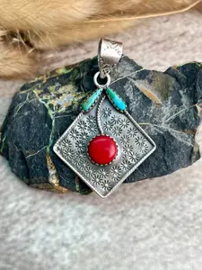 Handmade Sterling Silver Rosarita with Kingman Turquoise Cherry Pendant "Signed Nizhoni"