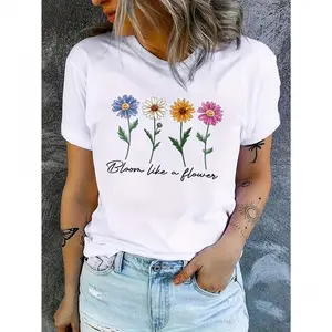 Cute Flower Letter Print T-shirt Women's Casual Crew Neck Short Sleeve Top Summer Graphic Tee Spring Blouse Trendy Streetwear Ladies Fashion Basic Tops