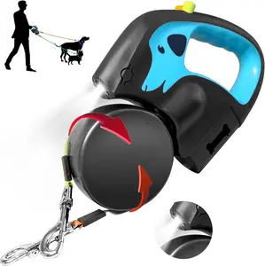 Dog Leash for Two Dogs with Ergonomic ABS Handle Comfortable Walks Built-in Waste Bag Dispenser LED Flashlight No Tangle 360° Swivel Reflective Leash