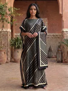 Women's Geometric Pattern Robe Set, Womenswear, Lady, Casual Fitted Long Dress & Headscarf Scarf, Beach Outing Sun Protection Beachwear Satin Silk Shawl, All Seasons