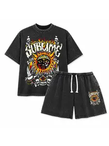 Men's Unisex Heavyweight Pure Cotton Acid-Washed Crew Neck T-shirt - Vintage Sun Pattern, Street Style Personalized Statement Top Casual Outfit