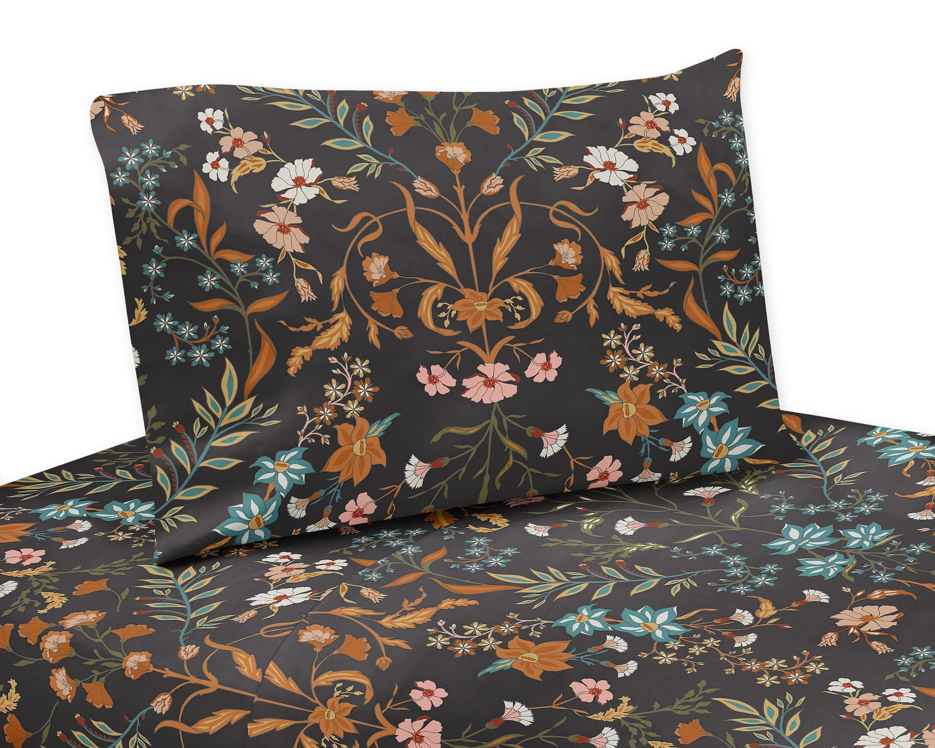 Sweet Jojo Designs 4-Piece King Sheet Set (Boho Wildflower Vintage Floral) for Girls, Teen/Kids, Adult Bed Sheets incl. Fitted and Flat Sheets & Pillow Cases (Black, Orange, Botanical Garden Bohemian)