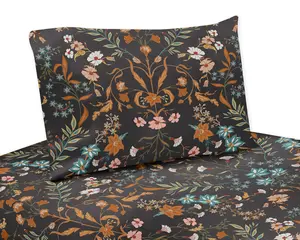 Sweet Jojo Designs Boho Wildflower Vintage Floral Girl Queen Sheet Set Flat Fitted Bed Sheets Pillow Covers Kids Childrens Adult Bedding 4p Black Orange Teal Bohemian Farmhouse Botanical Cottagecore