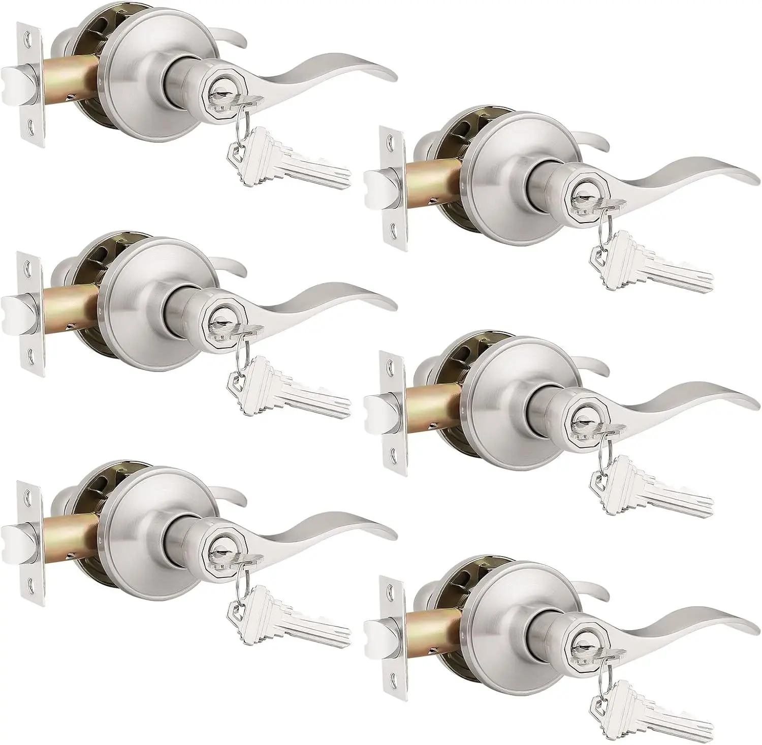 (6 Pack Keyed Alike Entry Door Lever [Lock with 3 Combo ],Locking Door Handle for Office or Front Door,Satin Nickel Finish Wave Entrance Door Lock, Reversible Right & Left Side Handed