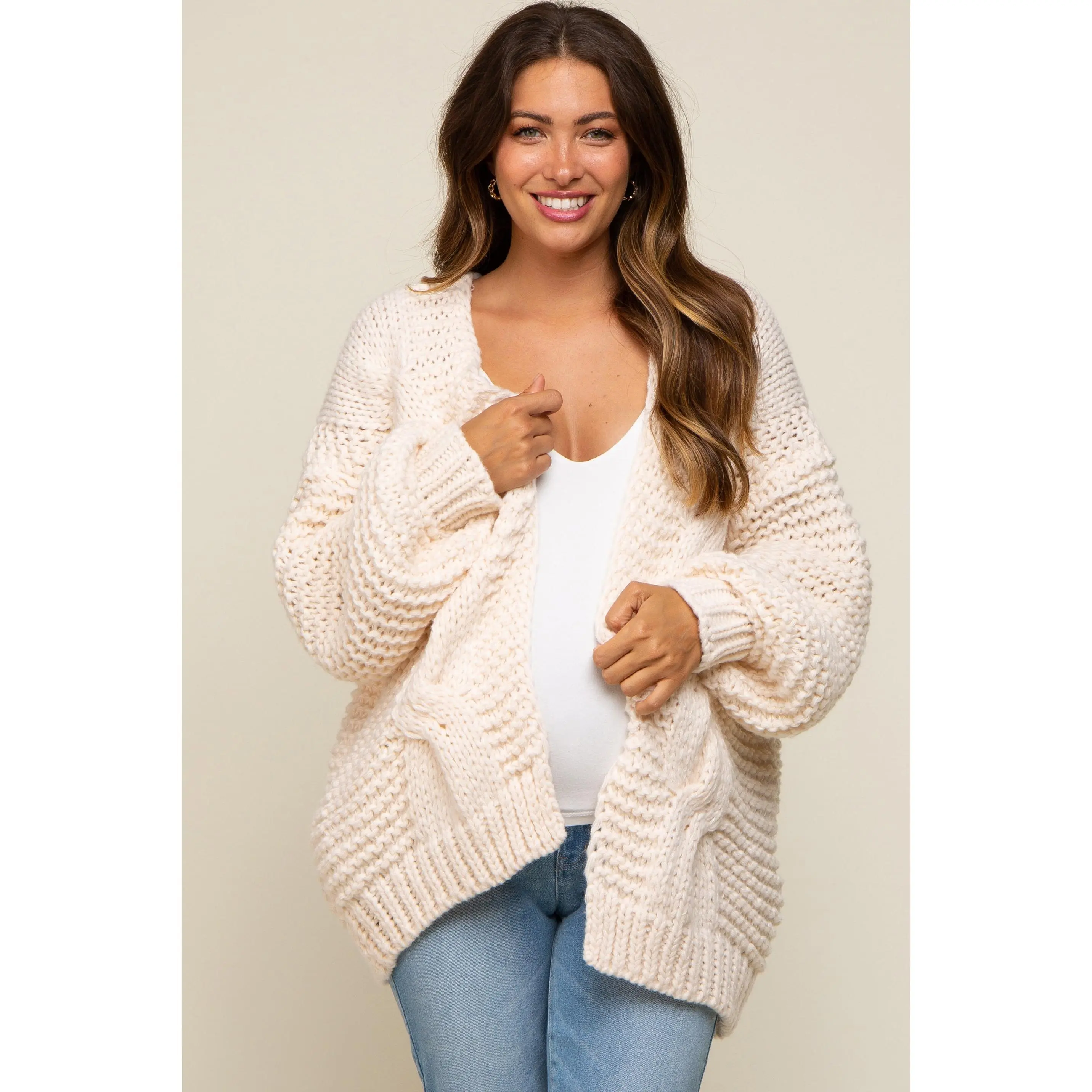 Cream Chunky Knit Maternity Cardigan - Prenatal Clothing, Pregnancy Clothes, Comfortable Maternity Outfit, Prenatal Maternity Clothing
