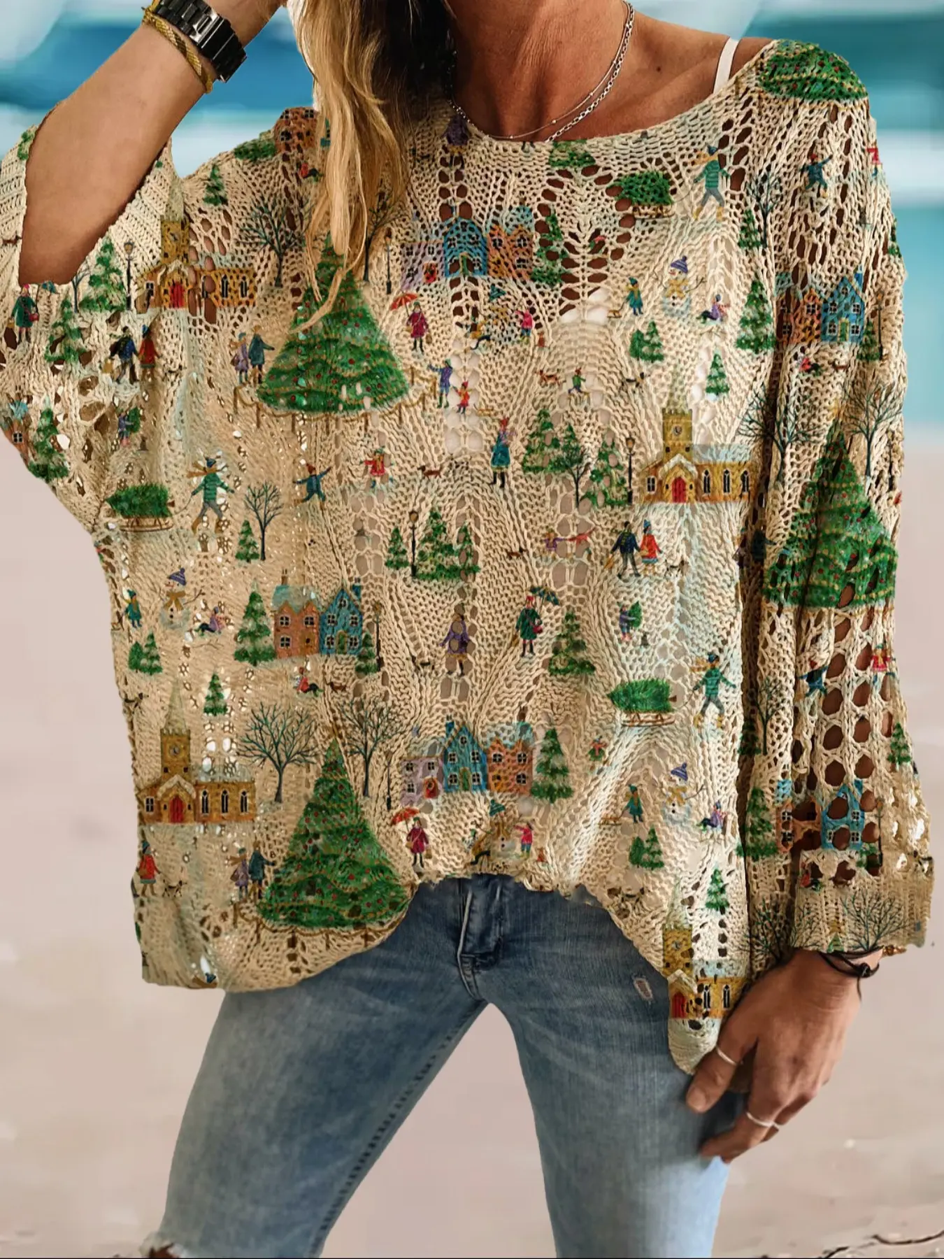Women's Christmas Landscape Print Long Sleeve Knit Top, Casual Elegant Vacation Style Sweater, Loose Batwing Shoulders, Spring Summer Fall, Knitwear