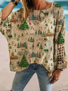 Women's Christmas Landscape Print Long Sleeve Knit Top, Casual Elegant Vacation Style Sweater, Loose Batwing Shoulders, Spring Summer Fall, Knitwear