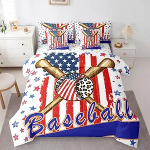Baseball Gaming 7 Piece Bedding Set,| Leopard Print Sports Ball Games Comforter Set with Sheets Starry Cheetah Kids Boys Graffiti Flag Teens Bed in A Bag White Red Blue Bed Sets