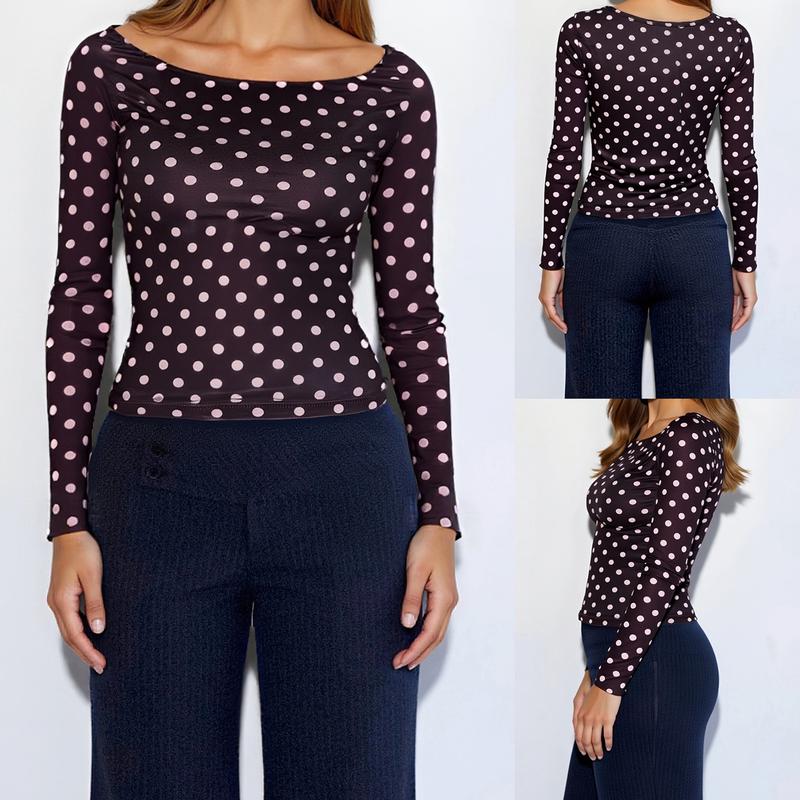 Women's Dot Print Crop Top | Fall Long Sleeve Crewneck Pullover, Casual Going Out Shirt