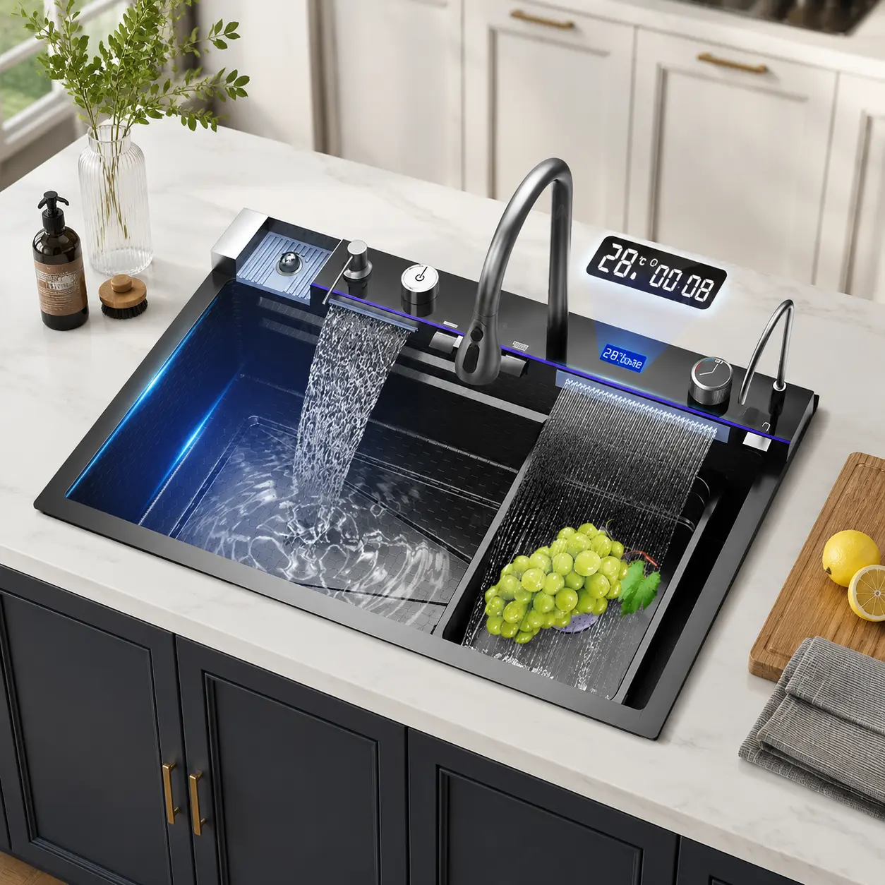 304 Stainless Steel Kitchen Sink with Dual Waterfall Faucet & Digital Display, Multifunctional Undermount Sink Set with Cup Washer, Soap Dispenser & Countertop Drain, Easy Clean No Dirt Design for Modern Family Kitchens