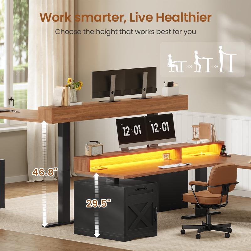 SEDETA 70.1 Inch Farmhouse L Shaped Standing Desk Electric Height Adjustable Executive Desk with Drawers Power Outlet Printer Stand Monitor Stand Led Lights