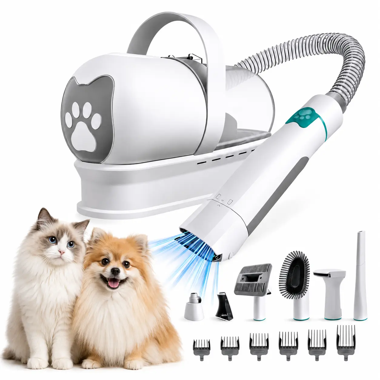 7-in-1 Pet Grooming Set for Cats & Dogs - Hair Vacuum Groomer with Electric Clippers, Paw Trimmer, Nail Grinder, 6 Length Guards, Reduces Shed