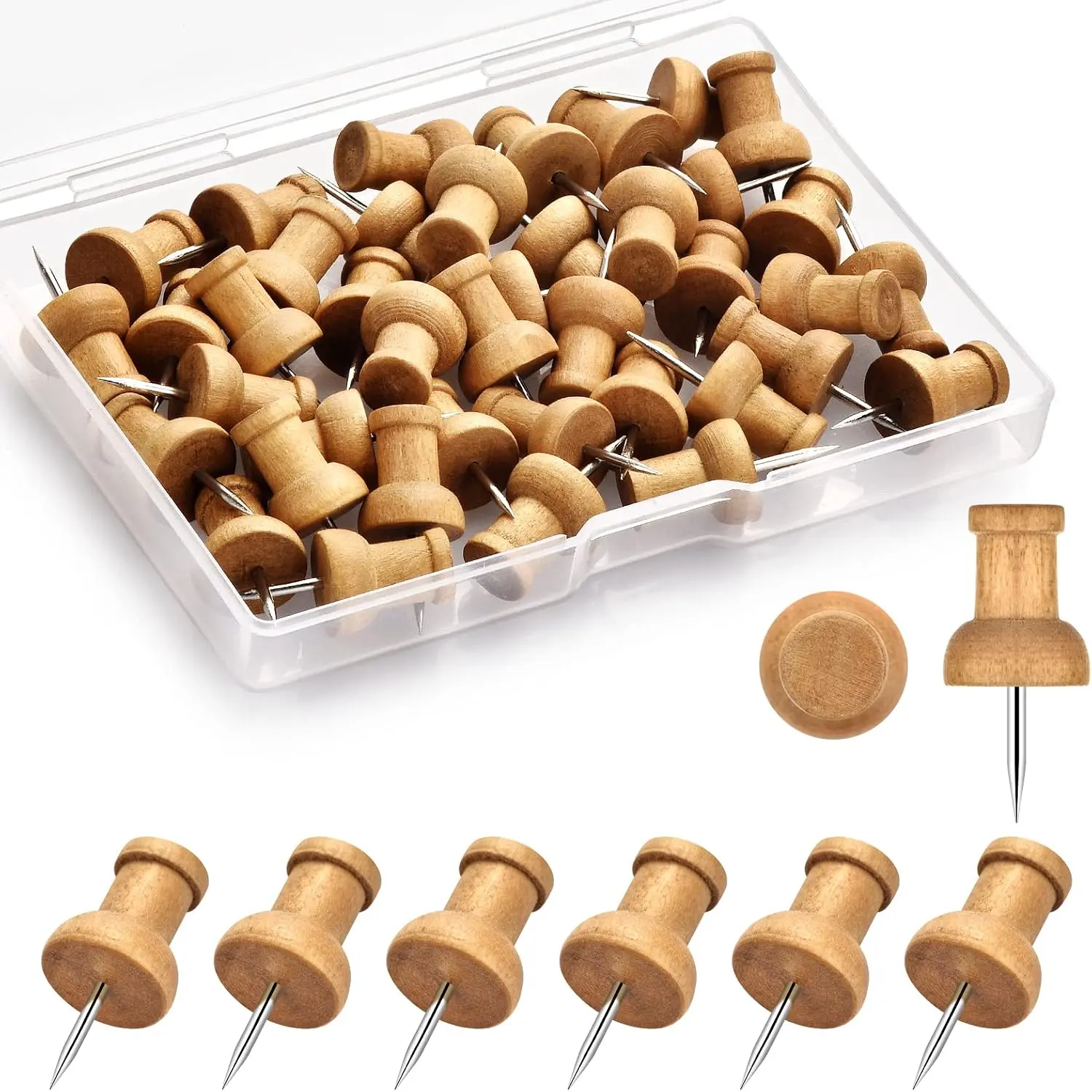 40Pcs Wood Push Pins, Decorative Thumb Tacks, Wooden Pins and Tacks, Cork Board Thumbtacks, Cute Thumbtack for Wall and Bulletin Board, Map Pins