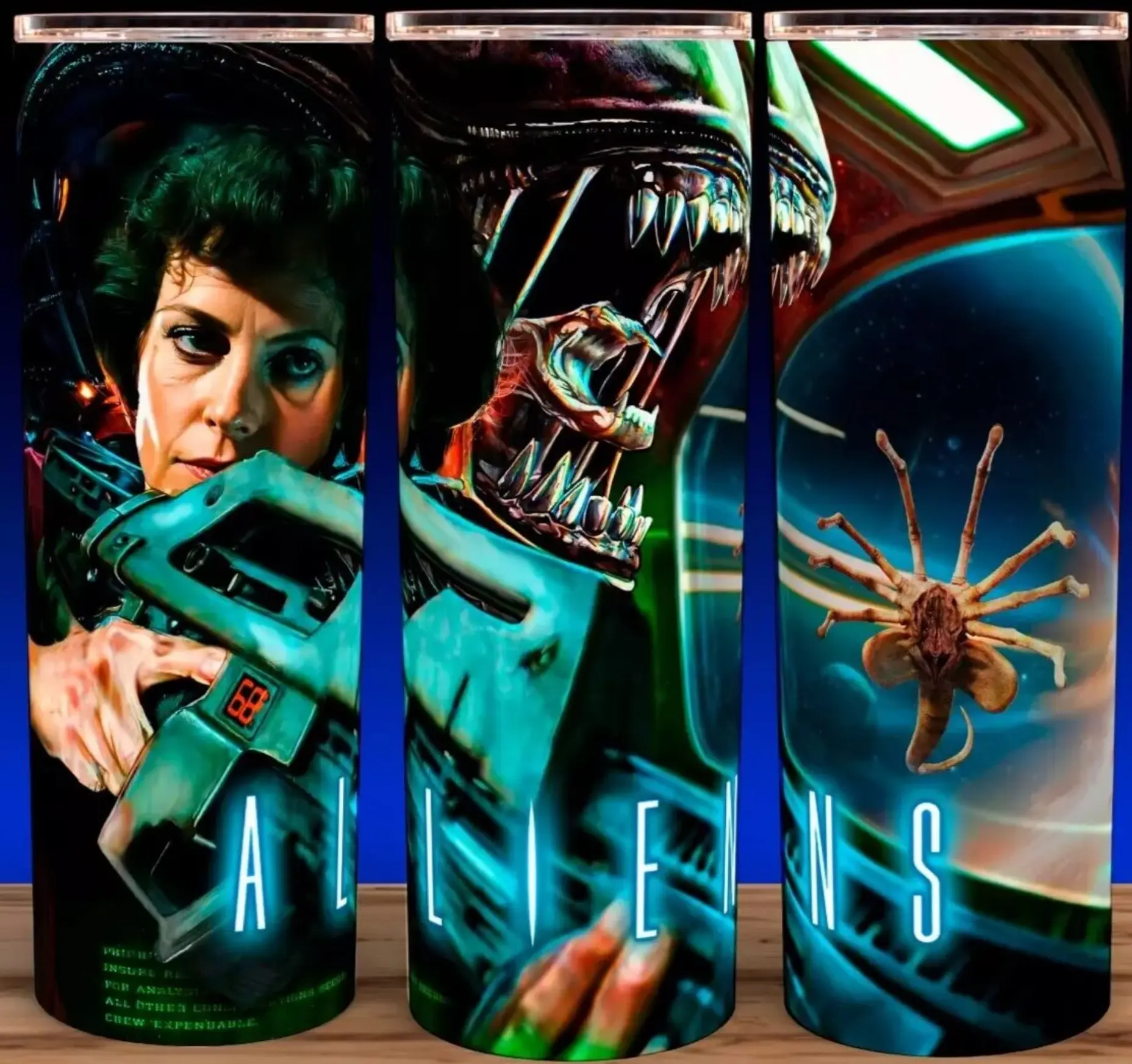 Aliens Ripley with Xenomorph and Facehugger Horror Movie Cup Mug Tumbler 20oz Stainless Steel Tumbler with Slide Closure Lid, Reusable Plastic Straw, Handmade Design - Drinkware