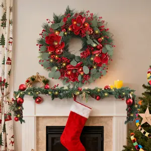 24" Christmas Wreath with Mixed Berries Poinsettias, Holiday Decor Front Door Indoor Mantel Window Display