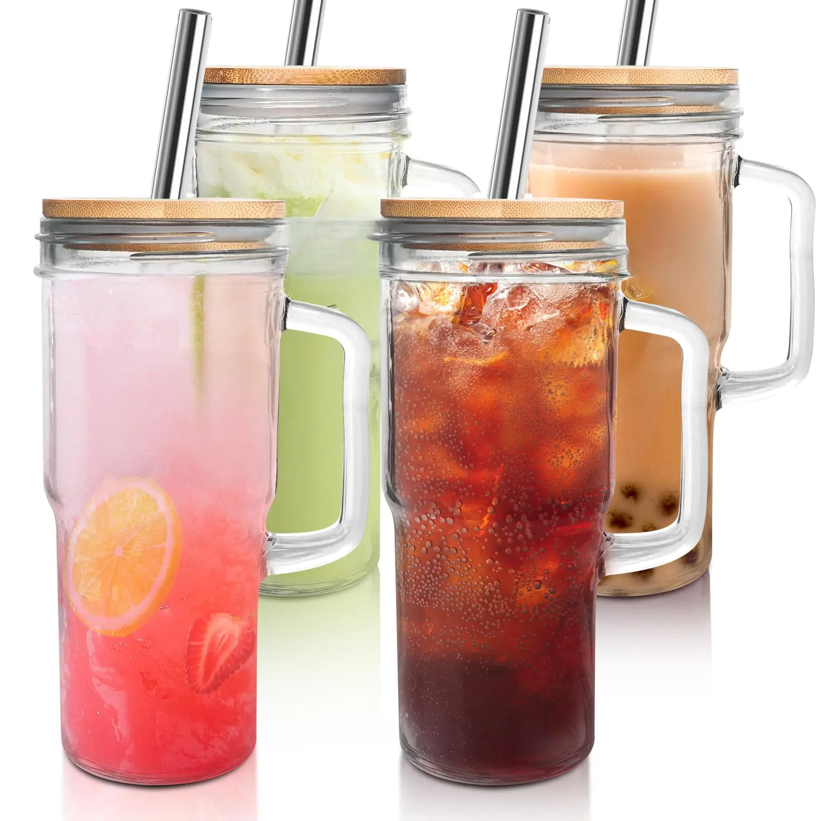 24oz Mason Jar Glass Cup with Handle, Bamboo Lid & Stainless Steel Straw, Large Capacity Beer and Coffee Mug for Parties, BBQs, Celebrations and Daily Drinks