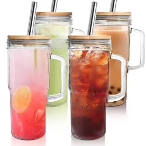 Glass Cups with Handle, Bamboo Lids and Stainless Steel Straws, 24oz Coffee Mug Mason Jar Stylish Party Drinking Glasses Cute Clear Glass Tumbler for Iced Coffee, Smoothie, Tea, Water, Mother's Day