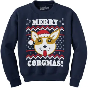 Merry Corgmas Ugly Christmas Sweater Dog Dad Lover Hilarious Funny Sweatshirt Funny Sweater Christmas Crew Neck Funny Dog Long Sleeve Crew Novelty Sweatshirts for Men Navy
