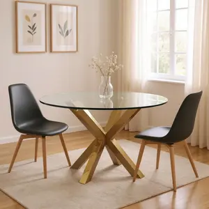 360 Stand 30x54x54 in. Clear & Gold Glass Top Round Shape Dining Table, Metal Cross Legs Base, Full Assembly, for Contemporary Home Decor, Seats Six