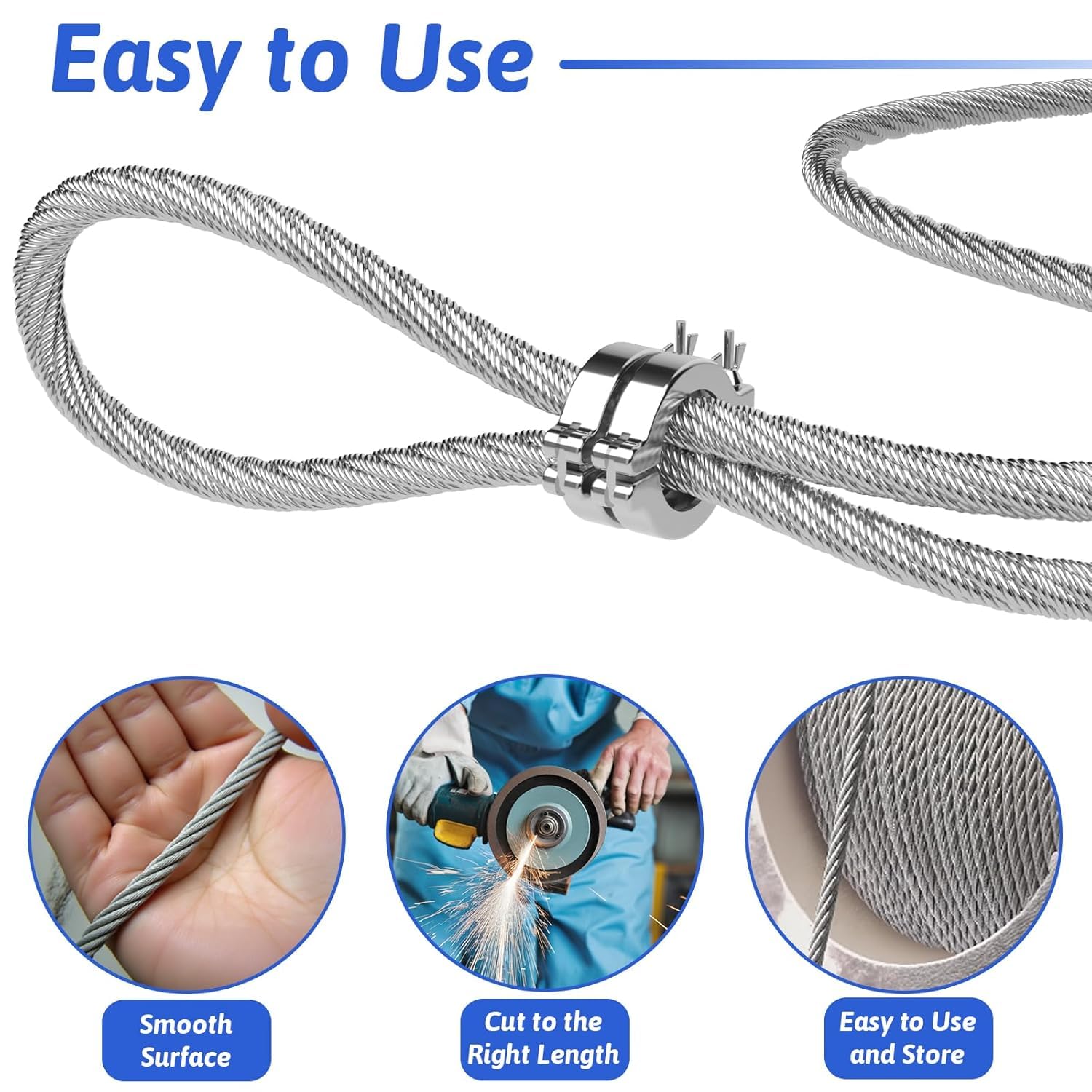 Maeklon 400ft 1/4" Stainless Steel Cable, 7x19 Strand Aircraft Wire Rope, Breaking Strength 6400 Ibs Stainless Steel Zip Line for Heavy Duty Applications, Deck Railing, and String Lights